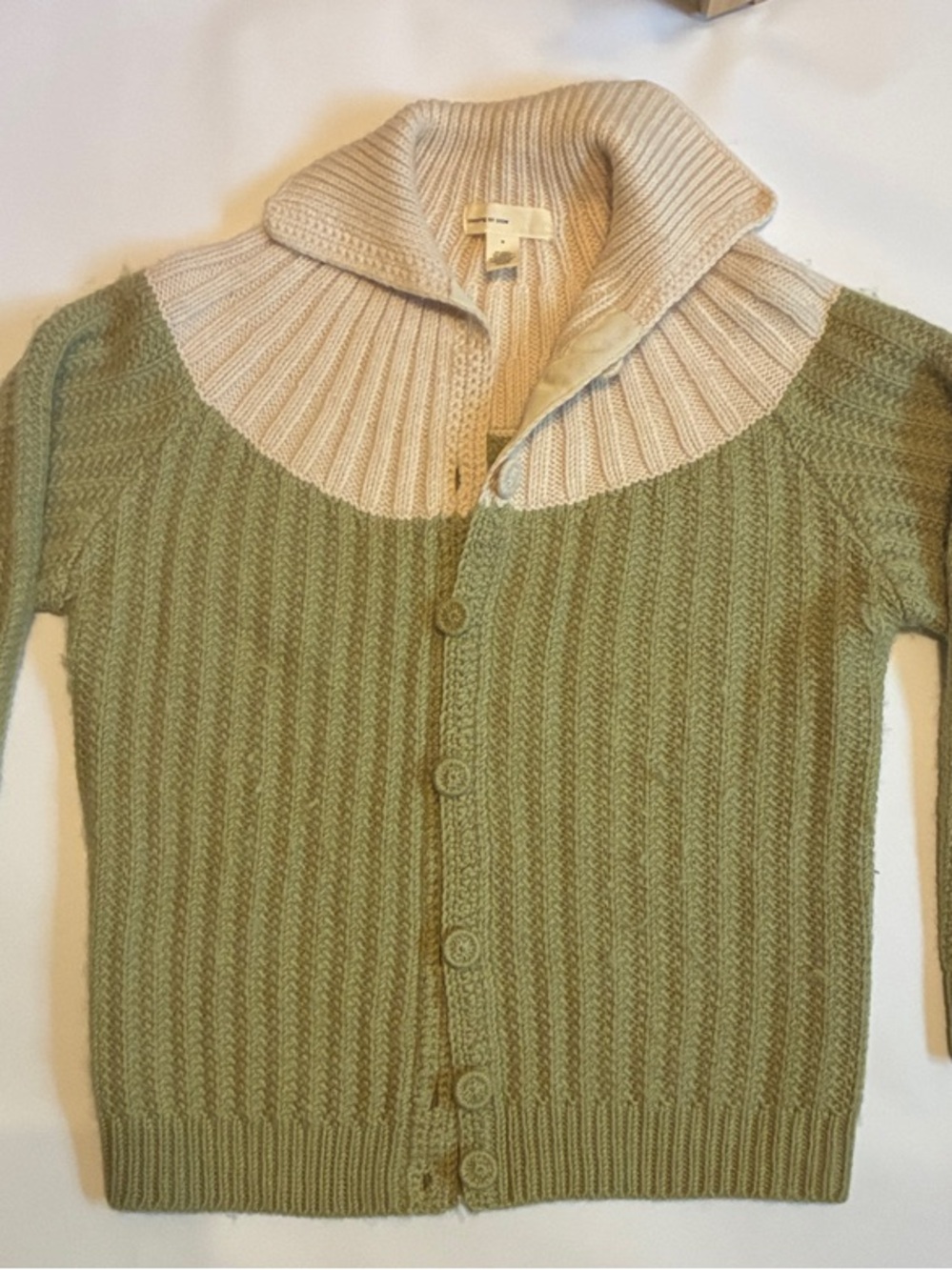 Two-Tone Shawl Collar Cable Cardigan in Cream and Sage Cozy Knit Sweater